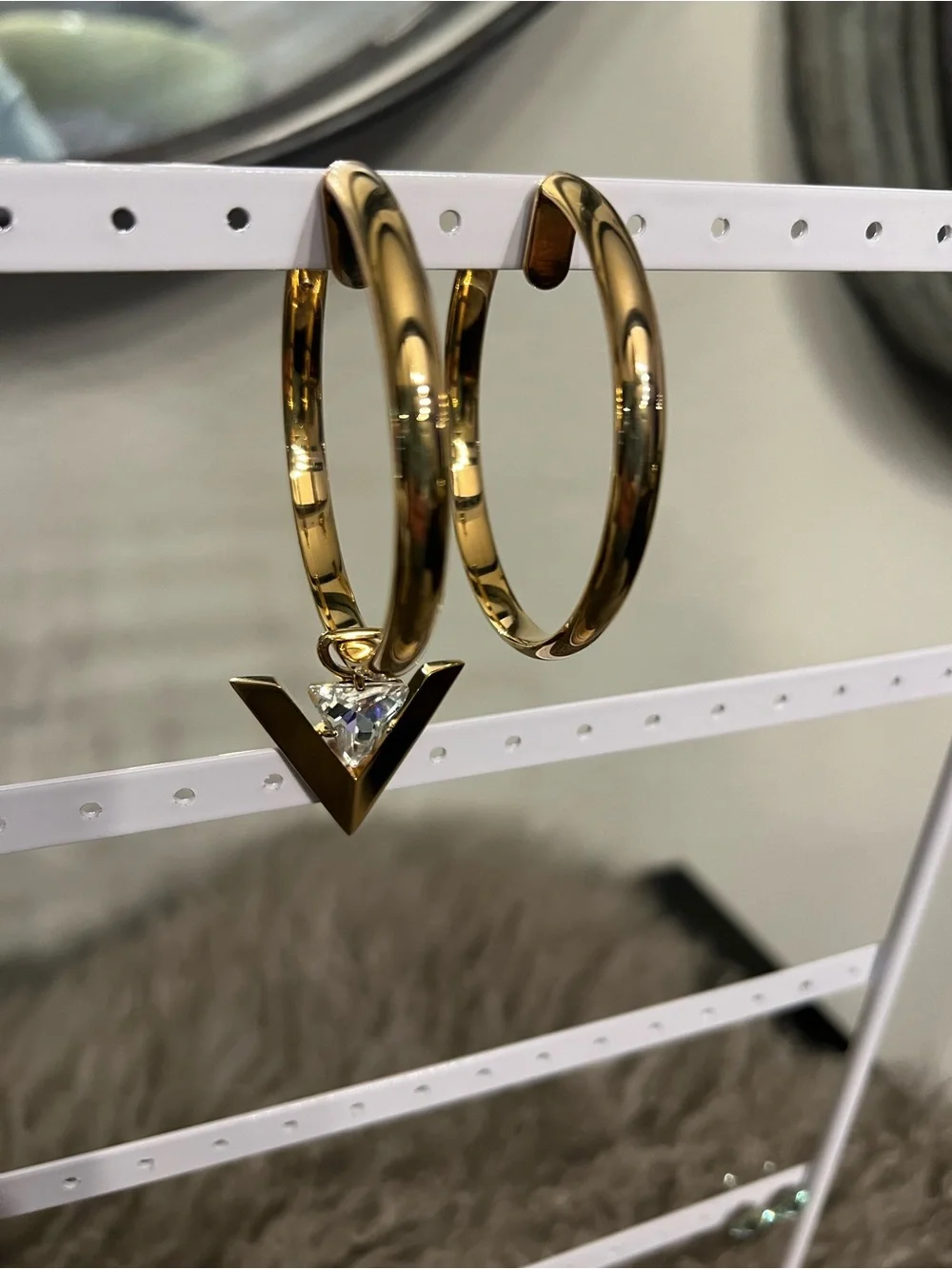 Valentino Garavani Gold Hoop Earrings with Triangle Crystal Charm “Je Les V”